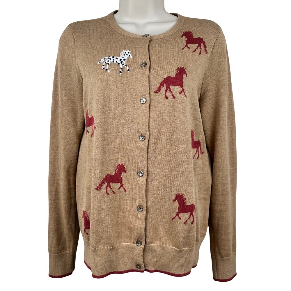 Lands' End Pima Cotton Cardigan Sweater Horse Equestrian Button Front Brown XS